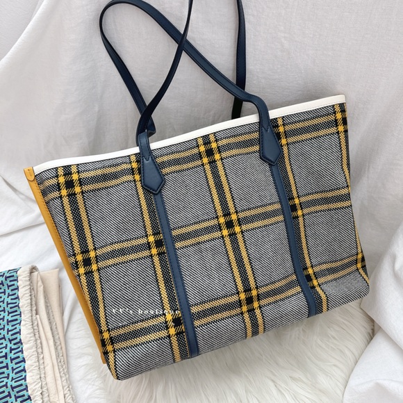 NWT Tory Burch Perry Wool Plaid Triple Compartment Tote Bag Yellow Navy 75551 - Picture 2 of 7
